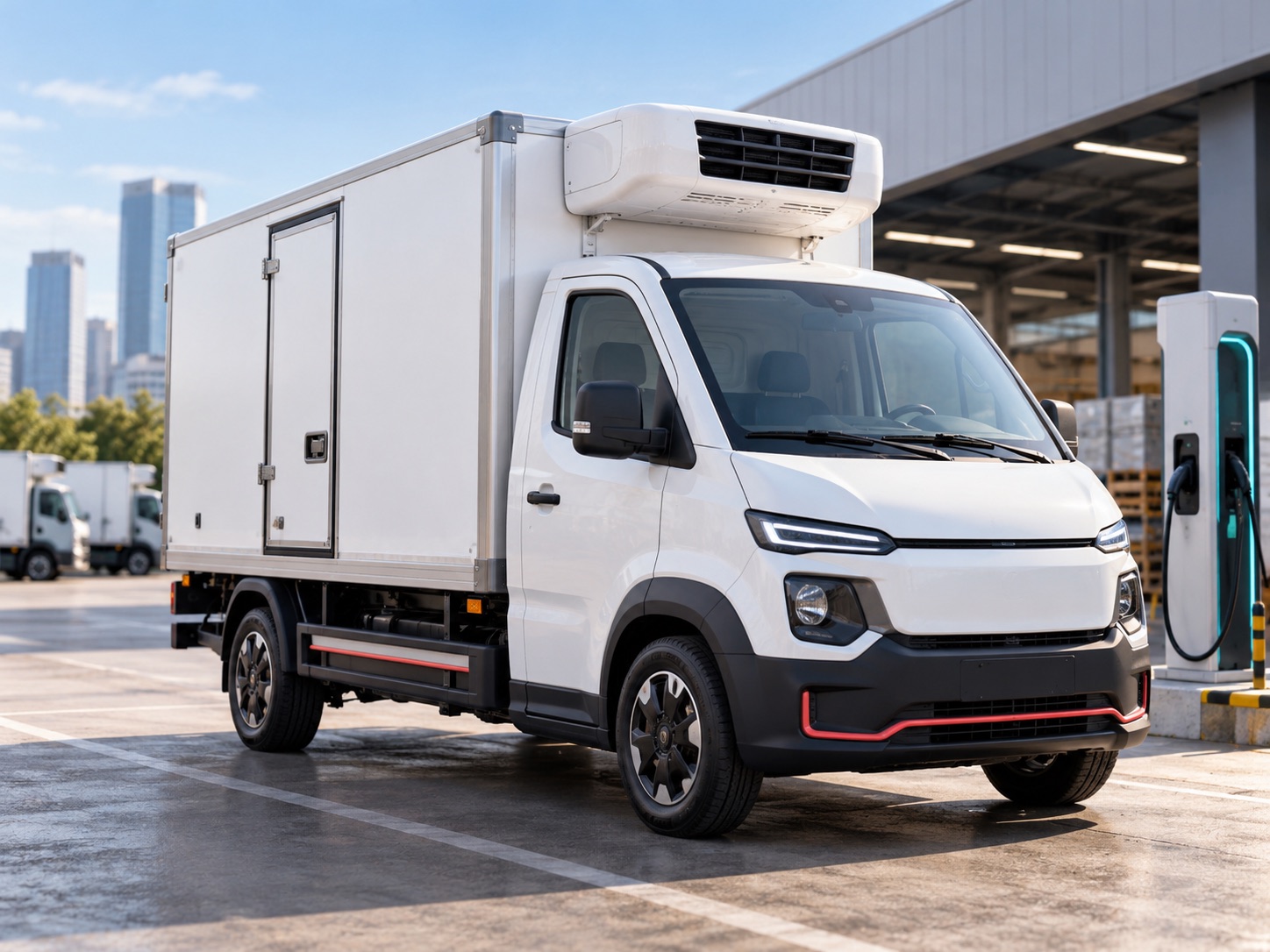Compact unbranded electric refrigerated delivery van at a distribution depot
