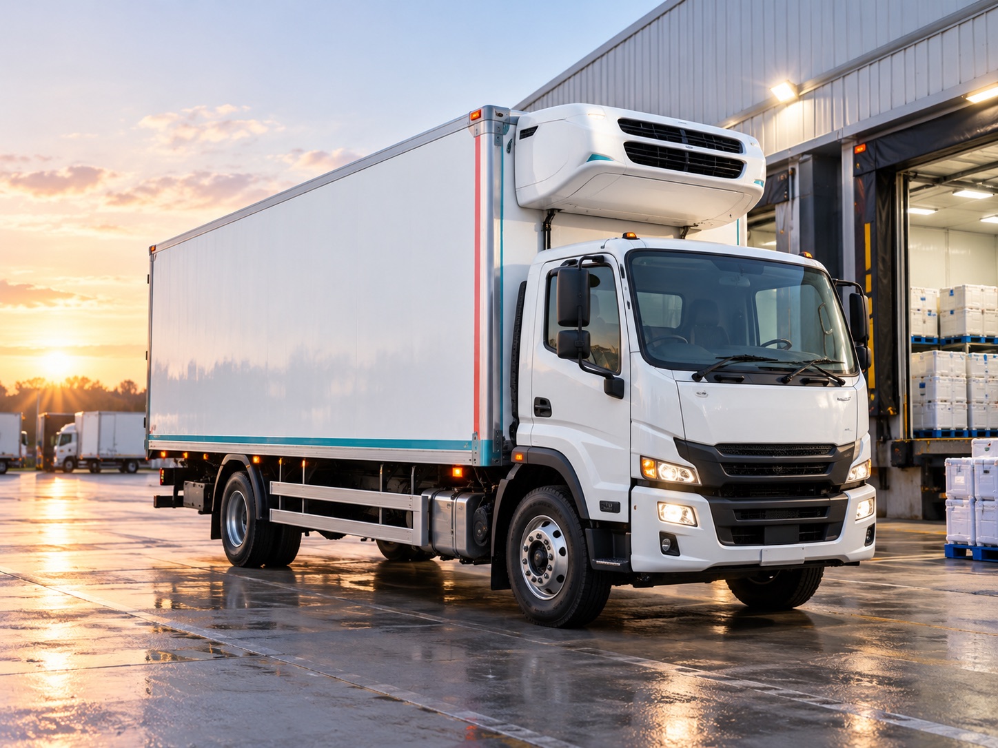 Unbranded insulated delivery truck at a cold-chain loading area