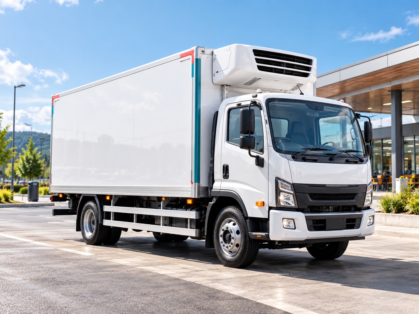 Unbranded refrigerated delivery truck with a clean white insulated cargo body