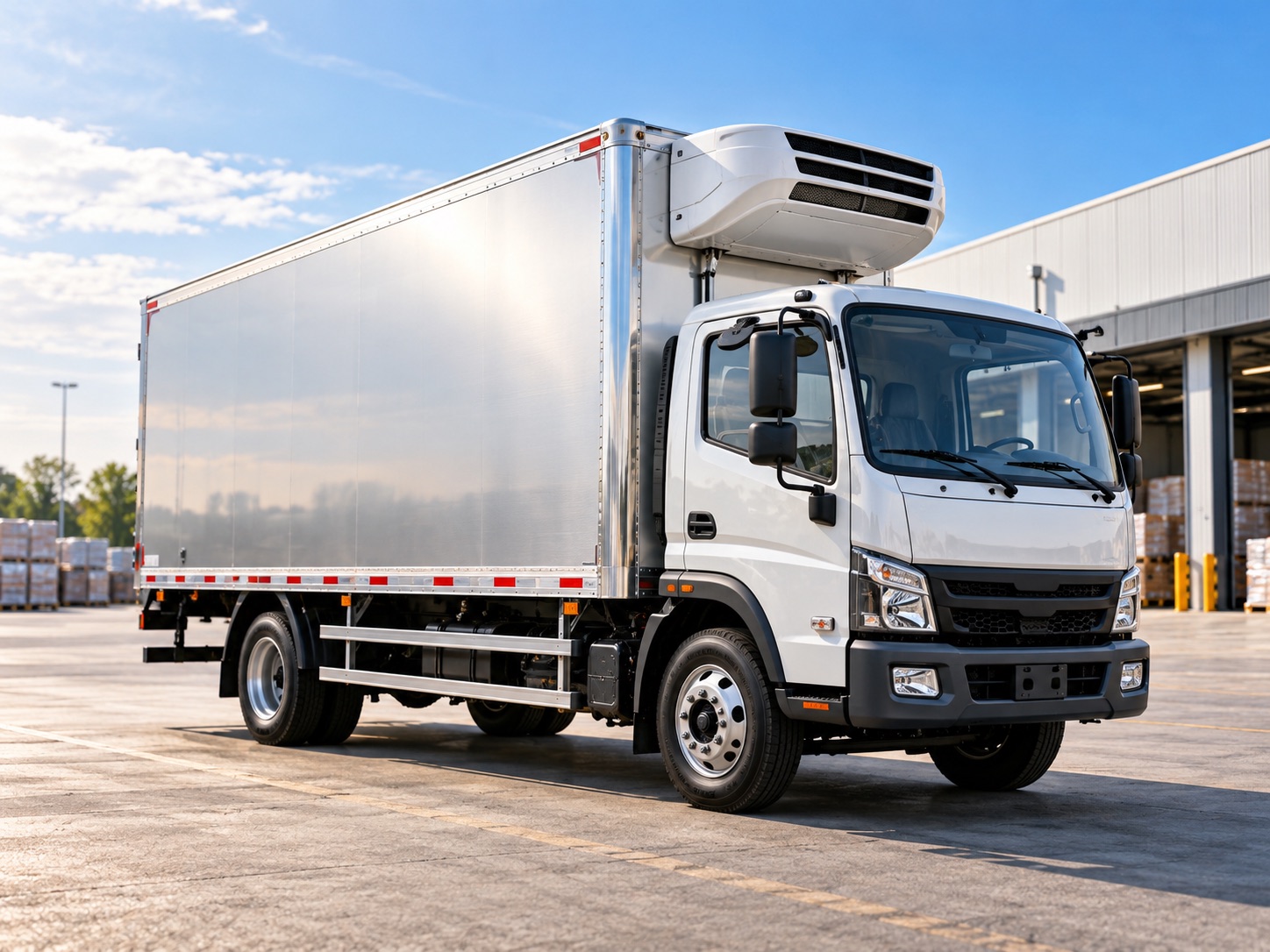 Unbranded refrigerated truck with a smooth metal-skin cargo body