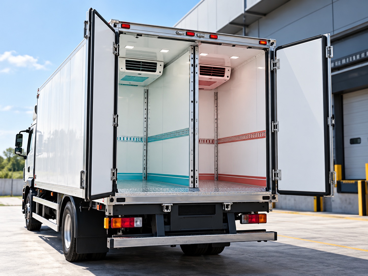Open refrigerated truck showing an insulated interior divided into two cargo zones